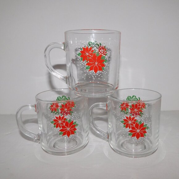 Set 3 VTG Luminarc Christmas Cheer Poinsettia Glass Coffee Tea Eggnog Mug - Picture 1 of 5